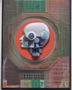 The image features a robotic head in a side profile against a backdrop of geometric patterns and urban imagery. The robot's head is predominantly white, with a visible earpiece and circular elements that suggest sensory components, possibly cameras or other sensors. The background consists of a complex overlay of grids and architectural elements, reminiscent of a circuit board or a stylized cityscape. The composition is framed within concentric circles, which might represent connectivity or data transmission, with a bold orange circle at the center, drawing focus to the robot's head. The overall aesthetic is futuristic, blending elements of technology and urban development.