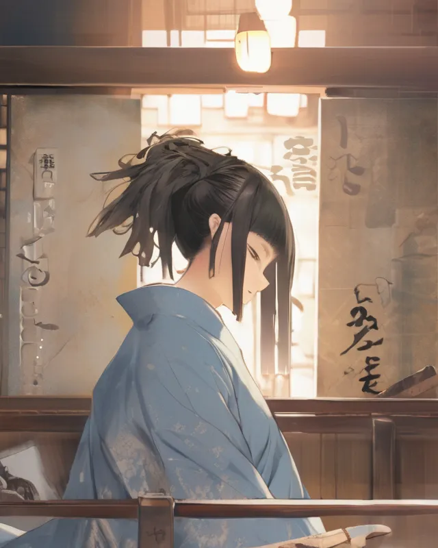 This image is a detailed illustration of a person, likely a woman, portrayed in a traditional East Asian setting. The individual is shown in profile, featuring a sophisticated hairstyle with multiple locks tied back and adorned with hair accessories. They are wearing a blue kimono with delicate floral patterns, which suggests a sense of elegance and cultural heritage. The environment is warmly lit, with soft sunlight filtering through a window, casting a cozy ambiance. In the background, traditional calligraphy and artwork are visible, further enhancing the cultural atmosphere. The overall mood of the illustration is serene, capturing a moment of tranquility and reflection.