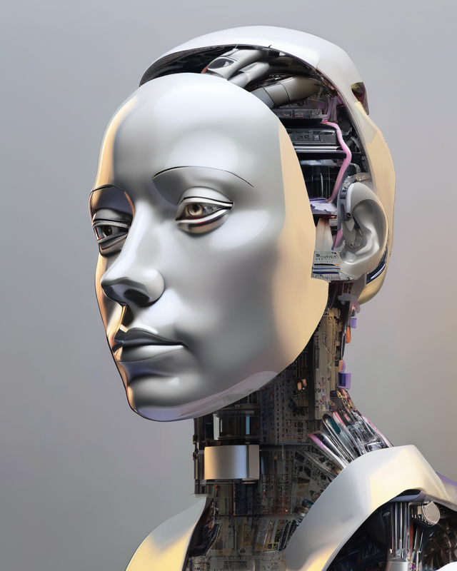 Image of a robot head in profile, with human-like features. The robot's face is smooth and metallic, with contours resembling those of a human face, including eyes, a nose, and lips. The right half of the head appears complete with a silver "skin," while the left half is open, revealing intricate internal components such as wires, circuit boards, and mechanical parts. The design suggests advanced technology, merging the boundary between artificial and organic, highlighting the contrast between the robot's human-like appearance and its mechanical nature.