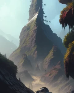 The image depicts a breathtaking landscape scene, most likely concept art for a fantasy or adventure setting. A rugged, towering rock formation dominates the scene, its jagged slopes adorned with patches of greenery and trees clinging to its surface. A misty atmosphere envelops the scene, suggesting early morning with sunlight filtering through the haze to illuminate the rock's face and the surrounding area. At the base of this monumental formation, there's a path or road that leads the eye into the distance, where the silhouette of a single, futuristic-looking vehicle is parked, adding a sense of scale and adventure to the scene. The art style combines realism with a sense of otherworldly grandeur, evoking a feeling of isolation and the allure of exploration.