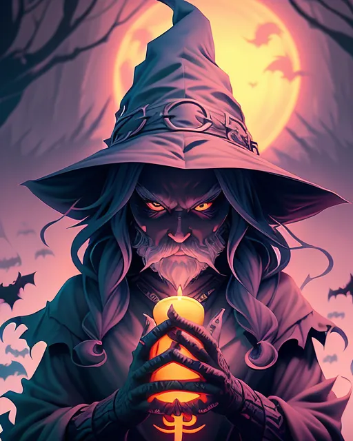 The image is a vivid illustration of a fantasy character that appears to be a wizard or sorcerer. This character is set against a spooky, atmospheric backdrop with a full moon and silhouettes of flying bats in the background. The wizard is depicted with an intense gaze and glowing yellow eyes, which add to the mystical and ominous vibe of the image. They are wearing a large, pointed hat adorned with arcane symbols and a cloak that suggests a magical or mystical profession. In their hands, they carefully hold a candle, the light of which casts a warm glow on their face, further highlighting their features and the intricate details of their attire. The overall color scheme is rich with shades of purple, orange, and red, contributing to the eerie and enchanting mood of the artwork.