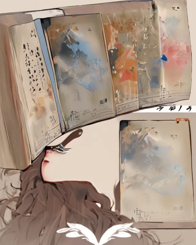 This image is an artistic illustration that combines elements of traditional East Asian aesthetics with a contemporary twist. It features a person, likely a woman given the stylized depiction, who appears to be lying down while reading an open book with East Asian characters and abstract imagery on its pages. The artwork on the pages is evocative, with brush strokes and splashes of color suggesting an impressionistic style. The color palette is muted, with soft earth tones and pops of blue and red, adding a dreamy quality to the scene. The perspective is such that the viewer seems to be looking over the reader's shoulder, sharing a quiet moment of reflection and immersion in literature.