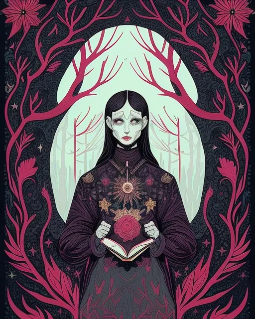 The image is an illustration featuring a character with a serene yet haunting appearance, surrounded by an ornate and mystical backdrop. The character has pale skin with dark hair, and their facial expression is neutral, with an enigmatic quality. They are dressed in a dark garment with elaborate designs that include floral motifs and what appears to be a symbol or emblem at the center, reminiscent of an amulet or a talisman. The character is holding an open book with a prominent red cover, possibly signifying knowledge or esoteric wisdom. Surrounding the figure are stylized trees and branches that form a symmetrical arch, framing the character within a natural yet otherworldly setting. The trees are adorned with flowers and intricate patterns, adding to the fantastical and slightly gothic atmosphere of the illustration.