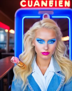 This image features a person with striking features posed against a neon-lit background. They have platinum blonde hair styled in loose waves, and their makeup is bold and colorful, with vivid blue eyeshadow and bright pink lipstick. They are holding an ice cream cone in their hand, which adds a playful element to the image. The neon sign in the background with the word "CUANBIEN" creates a vibrant, electric atmosphere, suggesting the setting might be a diner or an ice cream parlor. The overall aesthetic is lively and eye-catching, with a strong contrast between the person's features and the glowing neon.