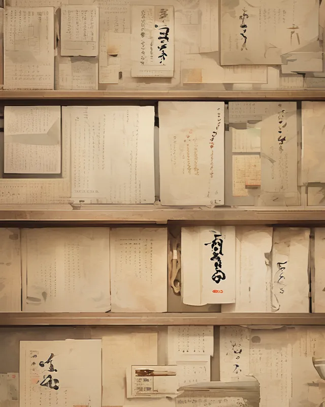 The image displays an array of traditional East Asian manuscripts, documents, and calligraphy works, neatly arranged on shelves. The papers vary in size and state of preservation, with some appearing aged and delicate. The calligraphy on the documents is artistic and varied, suggesting these are possibly historical records, literary works, or important correspondence. The overall arrangement gives a sense of a collection or archive, where each piece holds significance, perhaps in a library, study, or museum setting dedicated to the preservation of cultural heritage.