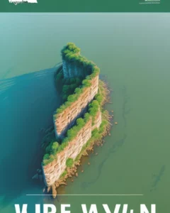 This image is an aerial view of a solitary island or a large rock outcrop surrounded by calm waters. The top of the island is flat and overgrown with greenery, indicating some vegetation. The sides of the island are steep cliffs, with the lower sections near the water showing signs of erosion. The water around the island has variations in color, suggesting different depths or seabed features. Text overlays are present at the top and bottom, possibly indicating this is a designed image or poster, perhaps for a travel destination or a nature-related theme. The overall feel is serene and remote, emphasizing the natural beauty and isolation of the island.