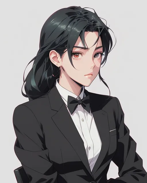 The image is a stylized digital illustration of a person with a solemn expression. They have dark hair, partially tied back, with loose strands framing their face, and striking red eyes that stand out against their pale complexion. The person is wearing formal attire: a black suit and tie with a crisp white shirt, which gives them a refined and elegant appearance. The clean lines and smooth shading of the illustration give it a polished and modern look, common in contemporary digital art styles. The simplicity of the background, a plain light color, ensures that the focus remains on the character.
