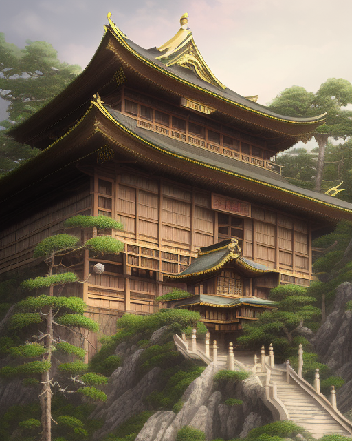 AI image of an imposing oriental mansion with a gilded roof, located in the mountains surrounded by trees