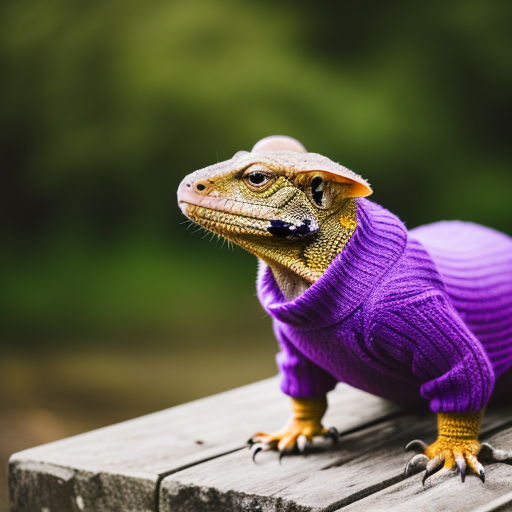 ai-created image of a lizard in a cute purple sweater
