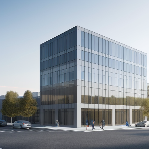 Architectural design of a small office building in white and blue shades with large windows and a parking space