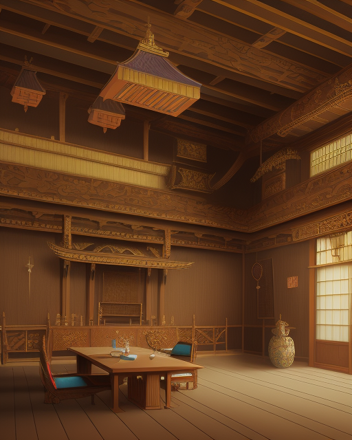 AI image of a wooden room in an understated Japanese style with characteristic wall finishes, light fixtures and furniture